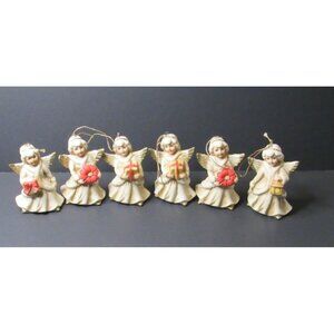 VTG HOMCO Angel Ornaments Christmas Bearing Gifts Poinsettia Lantern Bells 6 pc